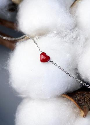 Женский  серебряный  браслет сердечко с красной эмалью  на цепочке, 925 проба7 фото