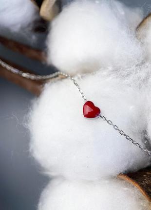 Женский  серебряный  браслет сердечко с красной эмалью  на цепочке, 925 проба3 фото