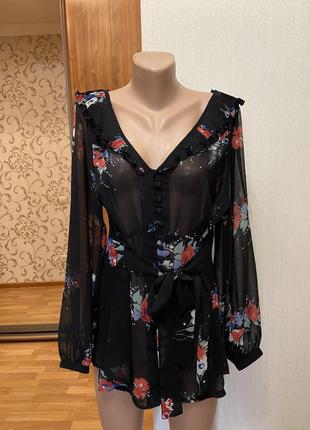 Новая прозрачная черная блуза цветочный принт next размер 50-52-5410 фото