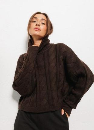 Вязаный темно-шоколадный женский свитер с крупными косами modna kazka mkar200251-42 фото
