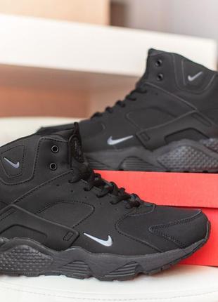 Nike кроссовки мужские кожаные нубук зимние с мехом отличное качество черные высокие ботинки сапоги теплые