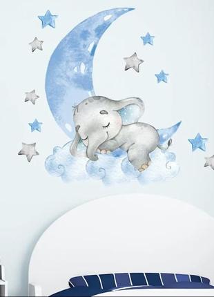 Вінілова наклейка на стіну для дитячої кімнати "слоник на місяці з зірками" - 60*67см2 фото
