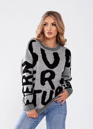 Теплый черный свитер в стиле оверсайз с шерстью в составе, коричневый свитер с объемными буквами, свитер на осень-зима7 фото