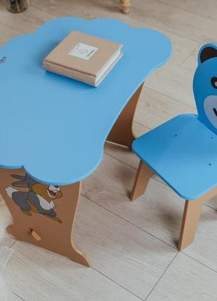 Детский столик и стульчик из дерева. крышка облачко для ребенка, голубой цвет5 фото