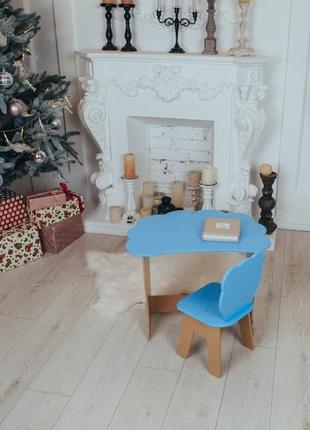 Детский столик и стульчик из дерева. крышка облачко для ребенка, голубой цвет9 фото