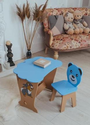 Детский столик и стульчик из дерева. крышка облачко для ребенка, голубой цвет2 фото