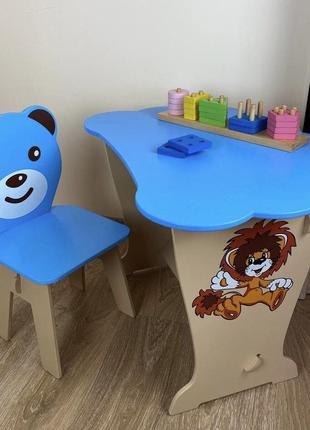 Детский столик и стульчик из дерева. крышка облачко для ребенка, голубой цвет