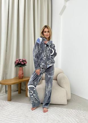 Теплая мягкая махровая серая пижама двусторонняя махра, теплая пижама на осень-зиму, костюм для дома7 фото