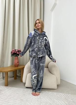 Теплая мягкая махровая серая пижама двусторонняя махра, теплая пижама на осень-зиму, костюм для дома3 фото