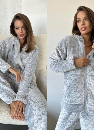 Теплая мягкая махровая серая пижама двухсторонняя махра с леопардовым принтом, теплая пижама на осень-зиму, костюм для дома7 фото