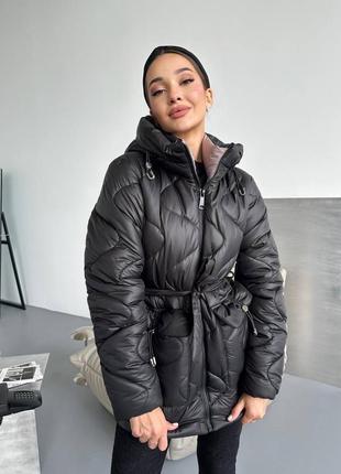 Зимняя куртка с поясом стеганое3 фото