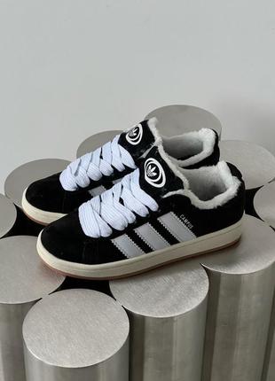 Кроссовки теплые adidas campus black white winter (мех)