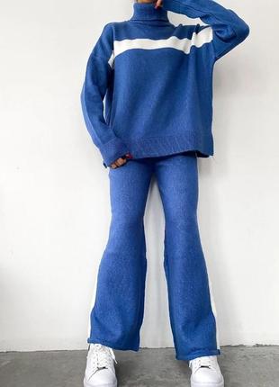Теплый вязаный женский костюм one size синий3 фото