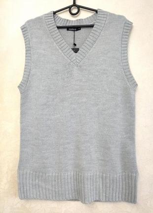 Серый пуловер без рукавов трикотажный удлинённый жилет вязанная жилетка1 фото