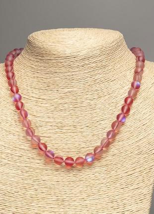 Ожерелье опаловое стекло красный матовый хамелеон гладкий шарик d-8мм+- l-49см+-