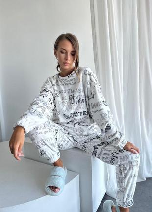 Махровая пижама с принтом свитшот кофта оверсайз брюки свободный комплект белый графитовый для дома для сна теплая плюшевая5 фото