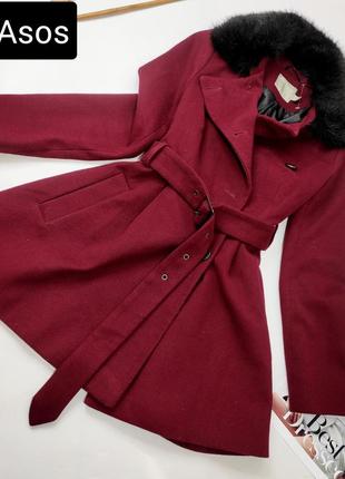 Пальто жіноче бордового кольору з поясом від бренду asos 6/34
