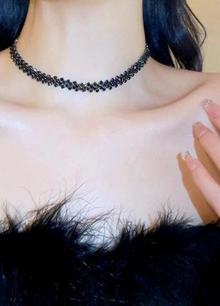 Чокер колье с черными камнями, блестящее черное ожерелье на шею2 фото