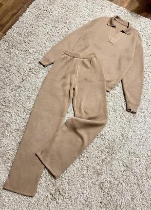 Бежевый коричневый теплый костюм свитер поло кофта + широкие брюки брюки палаццо рубчик
