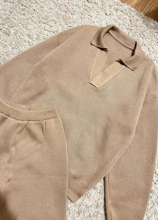 Бежевый коричневый теплый костюм свитер поло кофта + широкие брюки брюки палаццо рубчик2 фото
