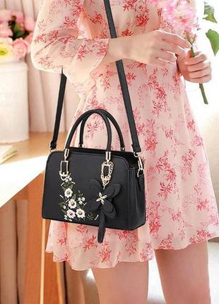 Женская мини сумочка с вышивкой цветами, маленькая женская сумка с цветочками черный