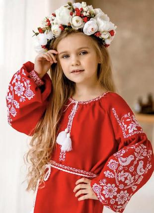 Платье детское красная домотканое полотно синяя1 фото
