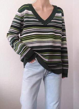 Винтажный свитер хлопок джемпер в полоску пуловер реглан лонгслив кофта коттон свитер оверсайз свитер хаки