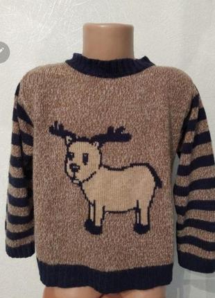 Коричневая кофта с оленем, джемпер, пуловер в полоску, свитер3 фото