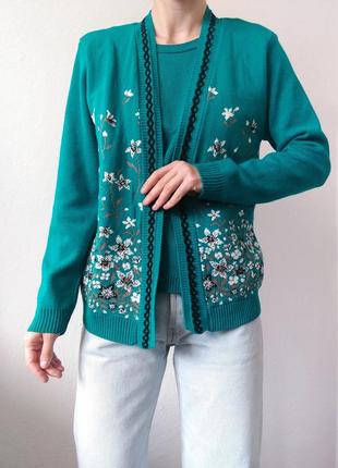 Вінтажний светр зелений джемпер з квітами светр пуловер реглан лонгслів кофта кардиган квіти5 фото