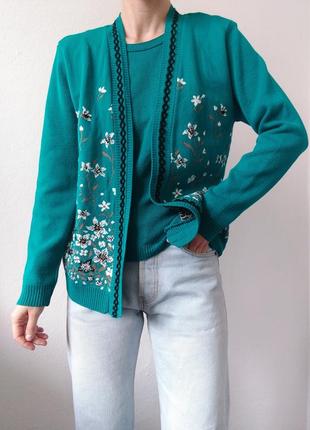 Вінтажний светр зелений джемпер з квітами светр пуловер реглан лонгслів кофта кардиган квіти9 фото