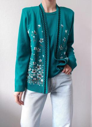 Вінтажний светр зелений джемпер з квітами светр пуловер реглан лонгслів кофта кардиган квіти4 фото