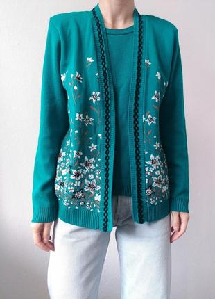 Винтажный свитер зеленый джемпер с цветами свитер пуловер реглан лонгслив кофта кардиган цветы2 фото