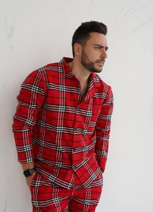 Піжама чоловіча в клітинку фланелева nelle біло-червона | чоловічий домашній комплект сорочка штани6 фото