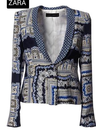 Пиджак женский шелковый блейзер синего цвета в принт от бренда zara m