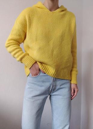 Вязаный худи желтый свитшот толстовка желтый свитер пуловер реглан лонгслив кофта желтая