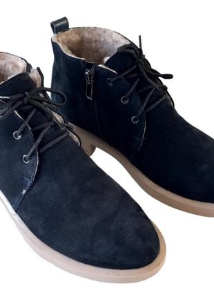 Зимние женские замшевые ботинки на плоском ходу синего цвета 36-41