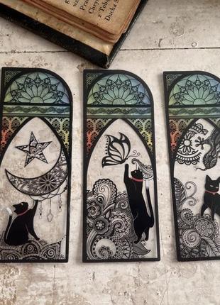 Винтажная витражная закладка для книг черная кошка готика