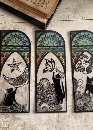Винтажная витражная закладка для книг черная кошка готика