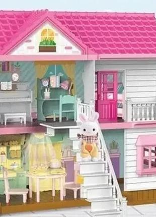Двухэтажный домик с куколками, мебель для кукол, кукольный домик кв 99-52