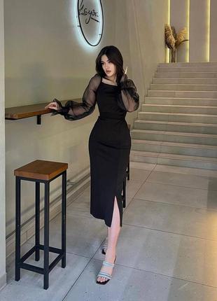 Чёрное платье вечернее с прозрачными рукавами фонариками футляр карандаш с разрезом элегантное стильное обтягивающее силуэтное