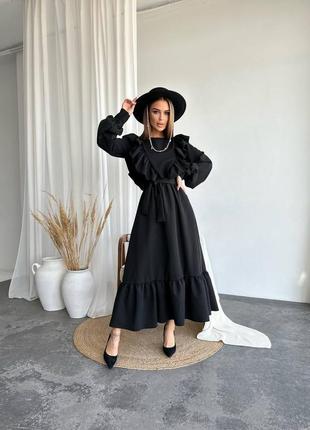 Платье миди с длинными рукавами приталенное с поясом платье с рюшами и воланами стильная трендовая черная бежевая коричневая3 фото