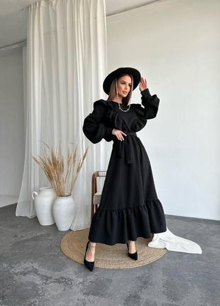 Сукня міді з довгими рукавами приталена з поясом плаття з рюшами і воланами стильна трендова чорна бежева коричнева5 фото