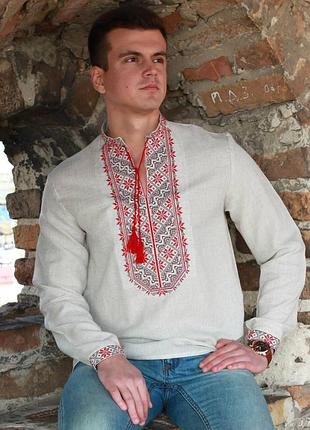 Мужская вышиванка на льне  льняная рубашка вышитая натуральная ткань