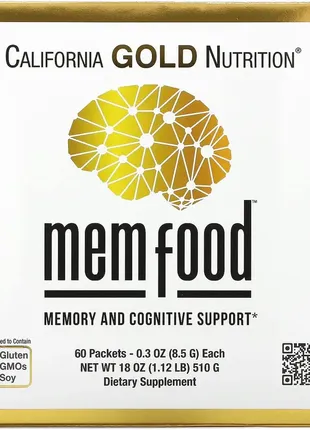 Їжовик гребінчастий california gold nutrition, mem food, memory & cognitive support, 60 пакетиків