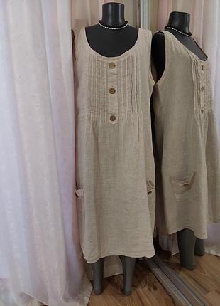 💯% льняное с карманами платье 👗 большого размера италия