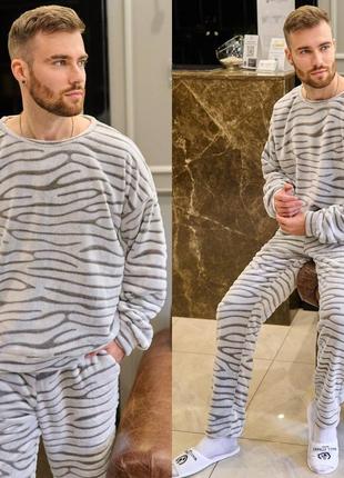 Теплая махровая пижама шиншила с принтом зебра, теплая мужская пижама без капюшона4 фото