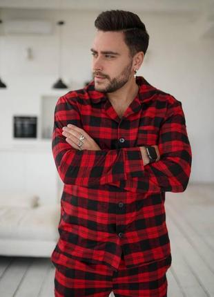 Пижама мужская в клетку фланелевая nelle черно-красная | мужской домашний комплект рубашка штаны3 фото