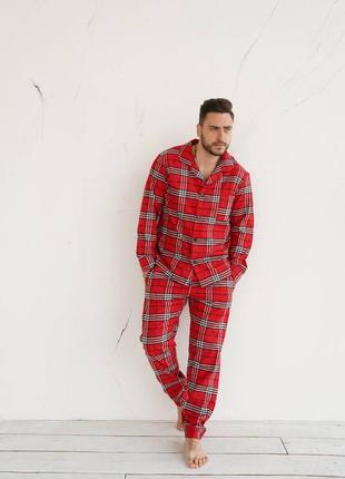 Пижама мужская в клетку фланелевая nelle черно-красная | мужской домашний комплект рубашка штаны7 фото