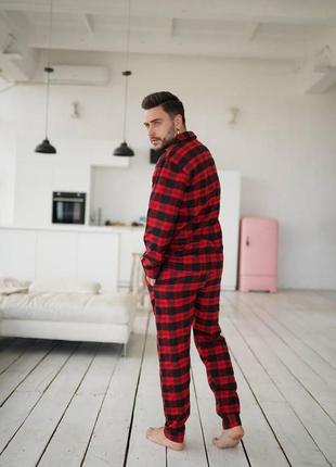 Пижама мужская в клетку фланелевая nelle черно-красная | мужской домашний комплект рубашка штаны2 фото