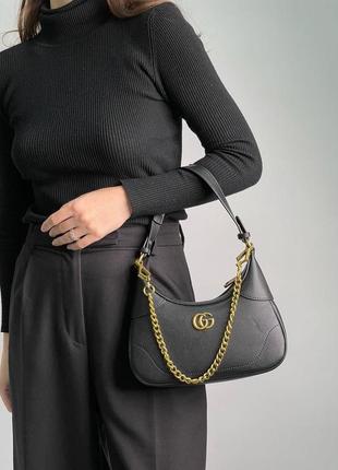 Женская кожаная сумка 👜 gucci aphrodite small shoulder bag black багет8 фото